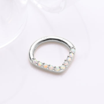 Detail View 1 of 14 Karat White Gold Fire Opal Sparkle Chevron Clicker Hoop Ring-White Opal